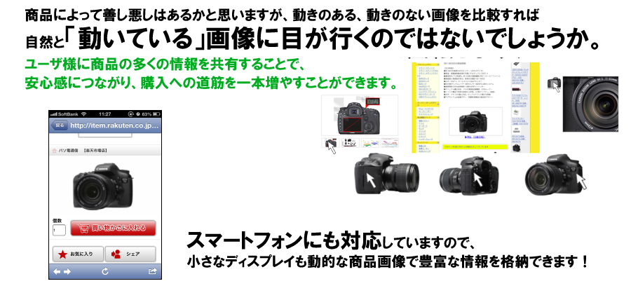 回転している画像に目がいくのではないでしょうか。スマートフォンにも対応しております。